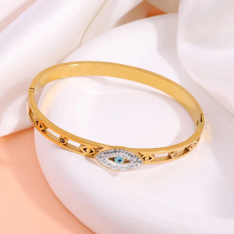Gold Plated Stainless Steel Evil Eye Bangle Bracelet for Women | Anti Tarnish Stylish Kada | Trendy Openable Bracelet for Daily & Party Wear image 1