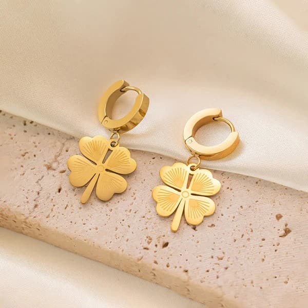 Gold Plated Anti Tarnish Stainless Steel Clover Drop Earrings for Women | Trendy Lucky Leaf Hoop Earrings Style ID image 1
