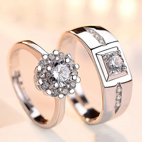 Silver Plated American Diamond Studded Adjustable Couple Rings for Men & Women | Stylish Matching Ring Set image 1