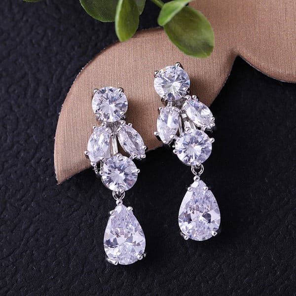 Silver Plated Anti Tarnish American AD Studded Floral Crushed Ice Cut Drop Earrings image 1