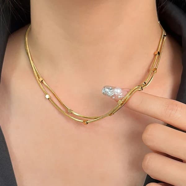 Gold Plated Stainless Steel Anti-Tarnish Geometric Dual Strand Necklace image 1