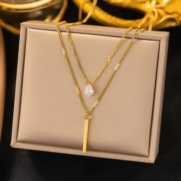Gold Plated Stainless Steel Anti Tarnish Tear Drop CZ Dual Strand Pendant image 1