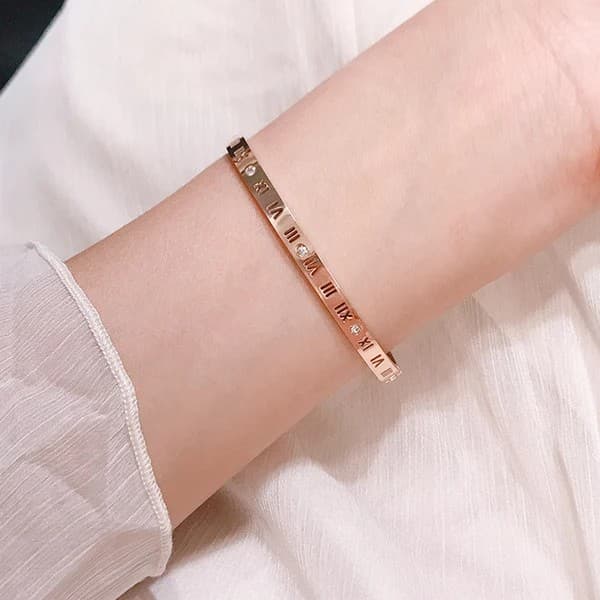 Rose Gold-Plated AD Bangle-Style Anti Tarnish Roman Numerals Bracelet image 1