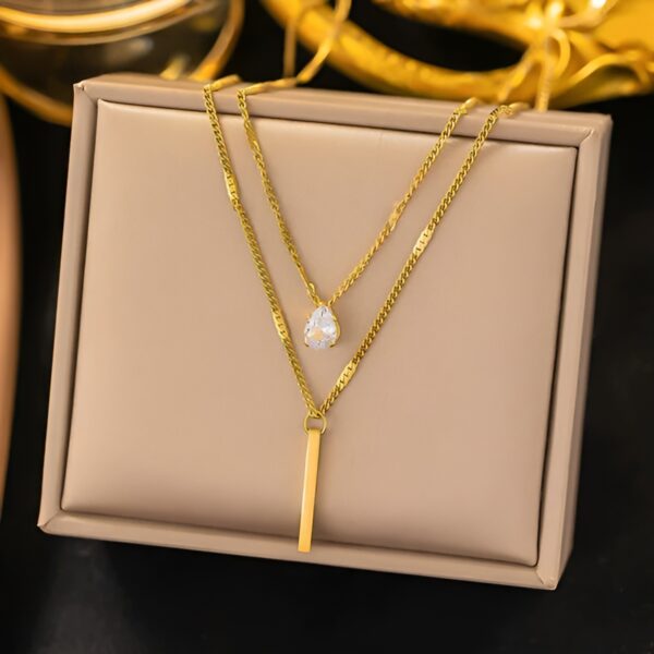 Gold Plated Stainless Steel Anti Tarnish Tear Drop CZ Dual Strand Pendant Necklace for Women and Girls