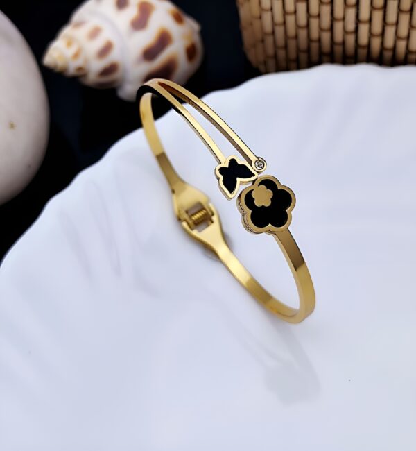 Gold-Plated Black Enamel Floral Bracelet for Women | Elegant Designer Bangle